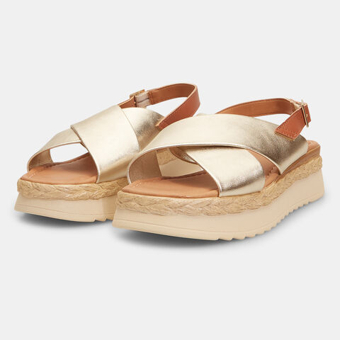 Sandalias de mujer de piel con bandas cruzadas con suela de plataforma , Dorado Sandalias de mujer de piel con bandas cruzadas con suela de plataforma , Dorado